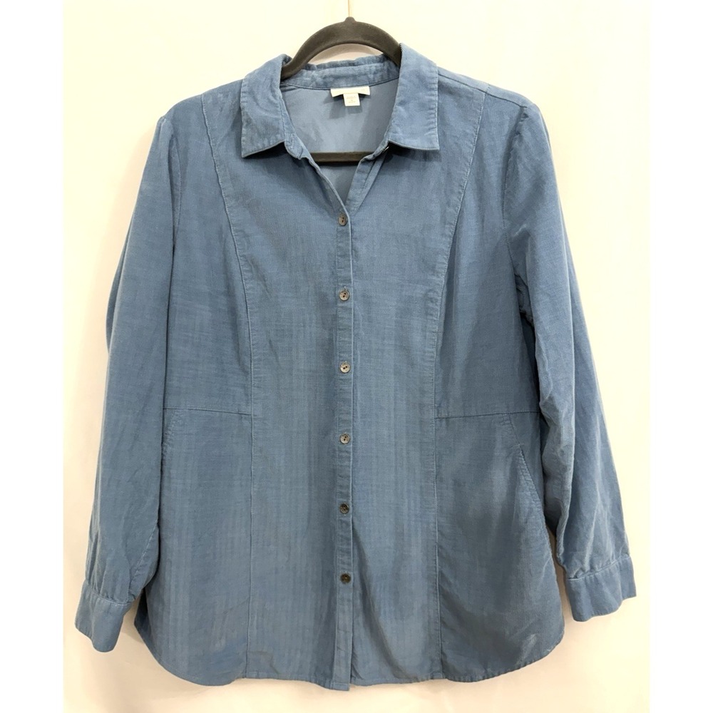J JILL Corduroy Light Blue Long Sleeve Button Up Shirt Pockets Womens Size MP